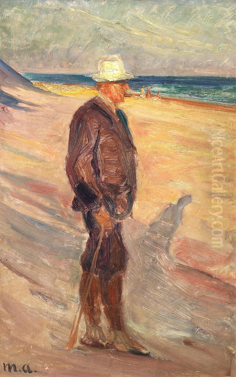 En mand med hvid hat og stok pa Skagen Strand. Oil Painting by Michael Peter Ancher