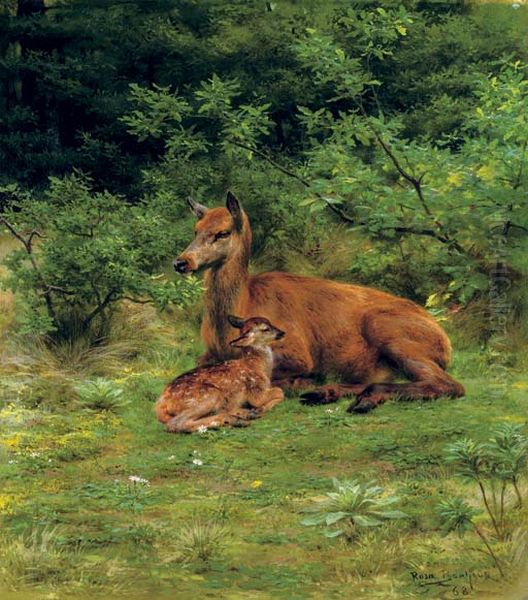 A doe and her fawn in a thicket Oil Painting by Rosa Bonheur
