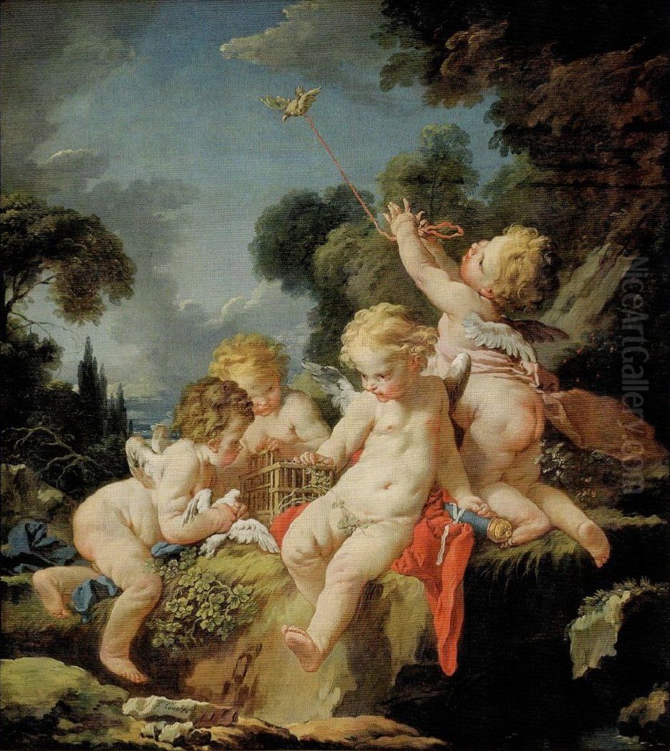 Putti with Birds Oil Painting by Francois Boucher