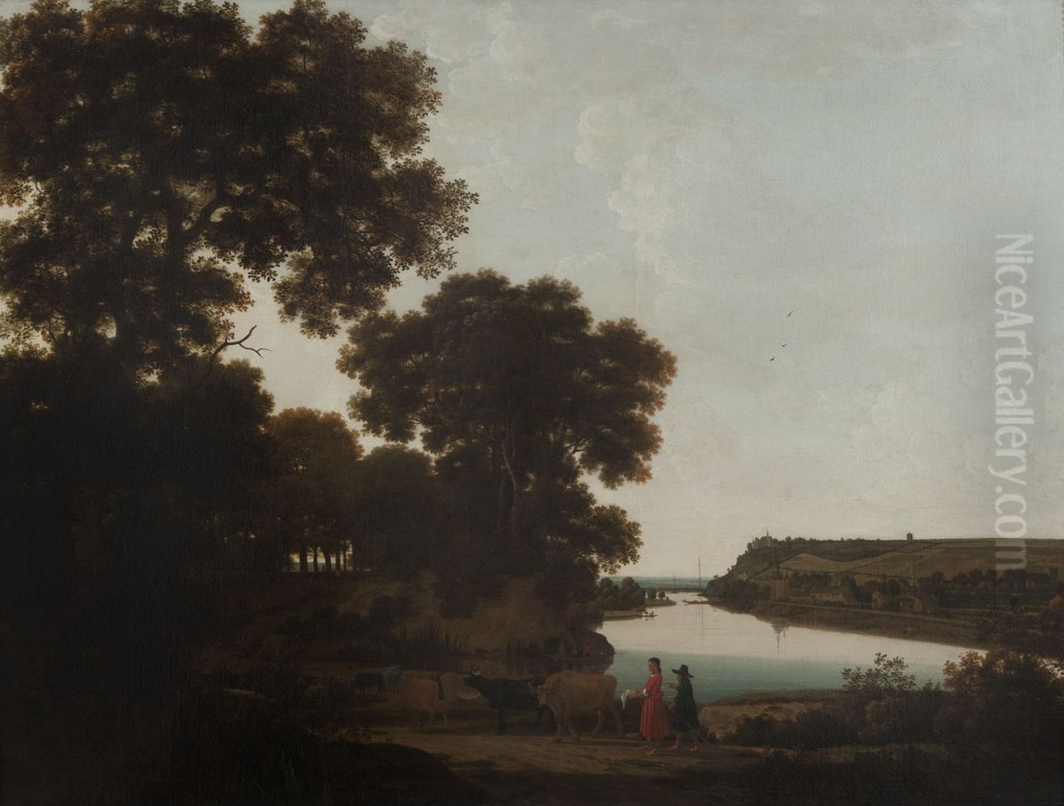 Gezicht over de Maas op Slavante bij Maastricht Oil Painting by Joris van der Haagen or Hagen