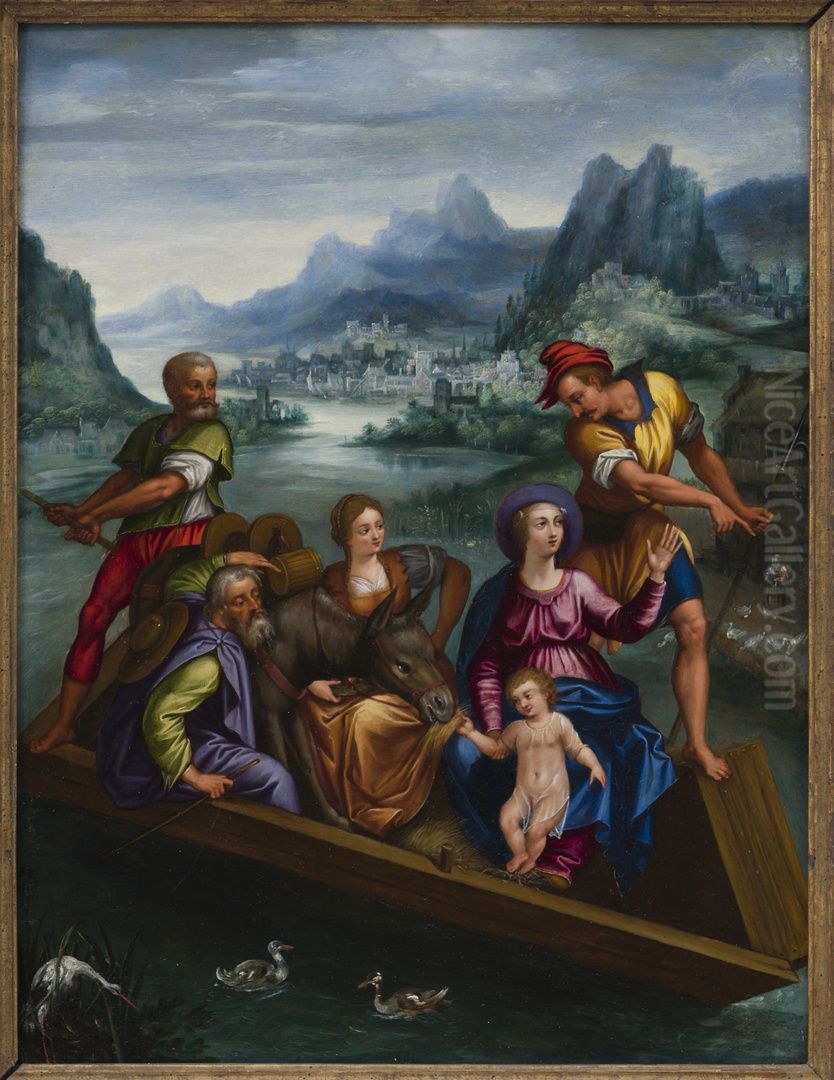 De heilige familie op een boot in een berglandschap Oil Painting by Paolo Fiammingo