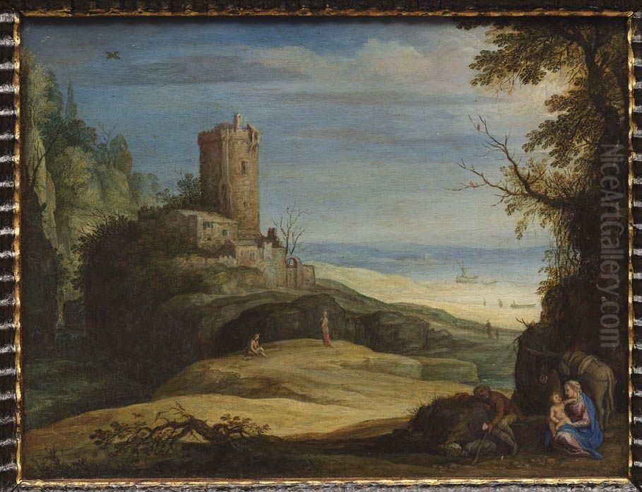 Landscape with rest on the flight into Egypt Oil Painting by Paul Bril