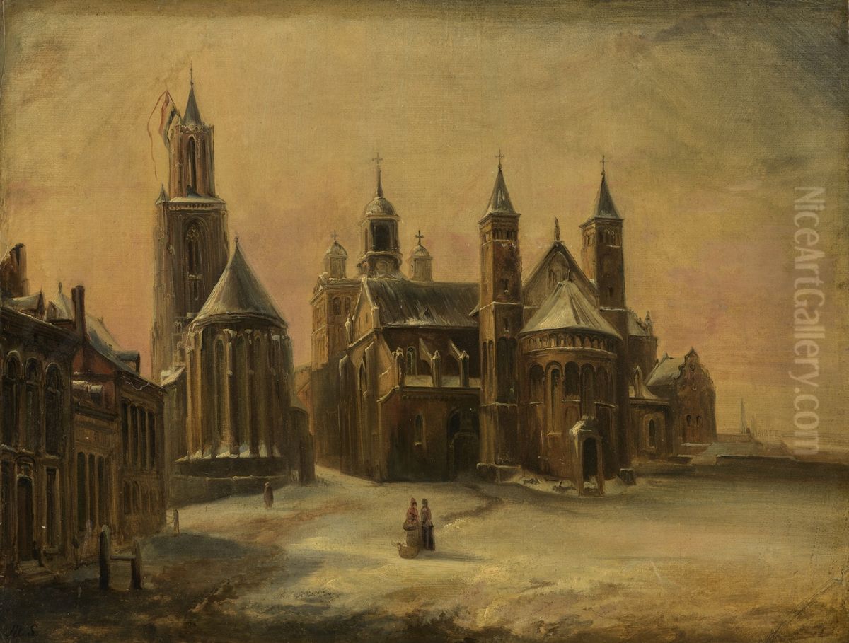 Gezicht op de zuidwestzijde van het Vrijthof Oil Painting by Alexander Schaepkens