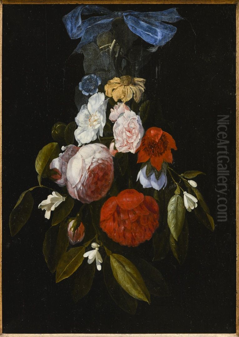 Bloemboeket met blauwe strik Oil Painting by Hendrick Fromantiou