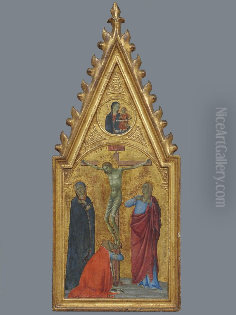 The crucifixion under a Madonna in a medallion Oil Painting by Andrea Vanni