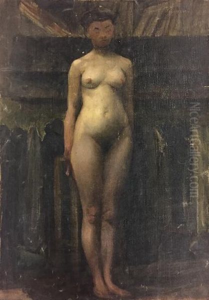 Naaktstudie van staande vrouw van voren gezien Oil Painting by Henri Goovaerts