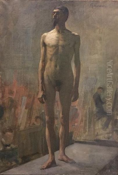 Naaktstudie van staande man van voren gezien Oil Painting by Henri Goovaerts