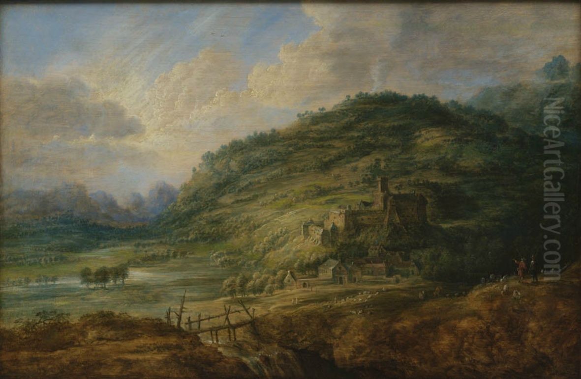 Heuvellandschap met waterval, vee en kasteel Oil Painting by Lucas Van Uden