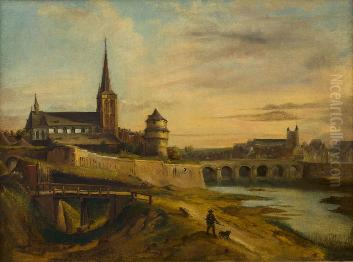 Gezicht op de St.Maartenskerk, kruittoren en de Maasbrug vanaf de noordzijde Oil Painting by Alexander Schaepkens