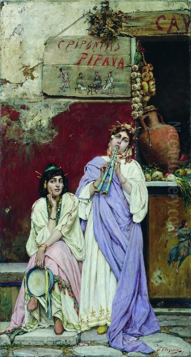 Two Romans with a Tambourine and Flute Oil Painting by Pavel Svedomsky