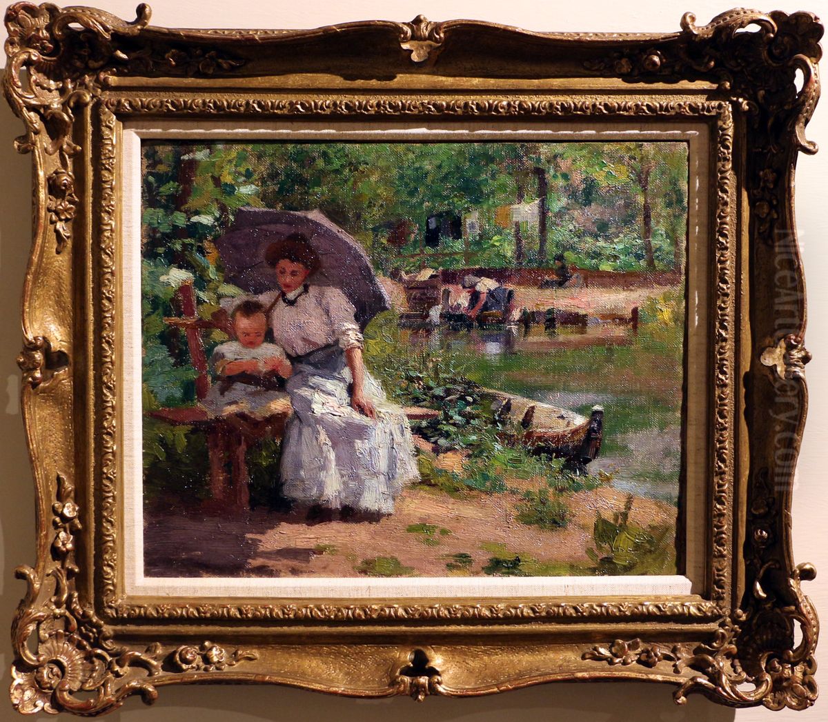 donna con bambino seduti in un bosco Oil Painting by Federico Zandomeneghi