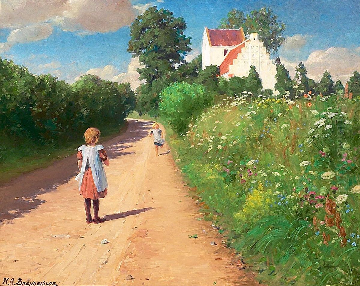 Sommerdag med legende smapiger ved Brendekilde kirke. Oil Painting by H. A. Brendekilde