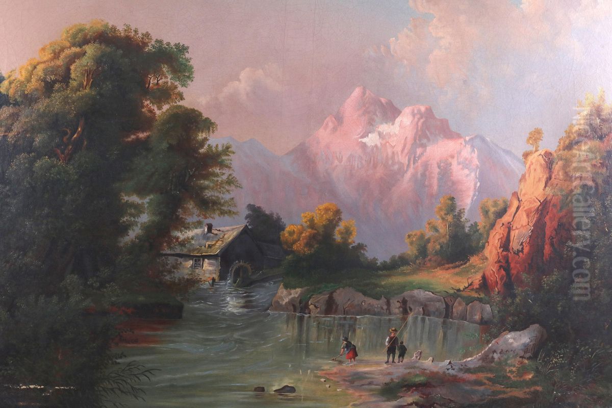 Gebirgslandschaft mit Wassermuhle und Fischern Oil Painting by unknown