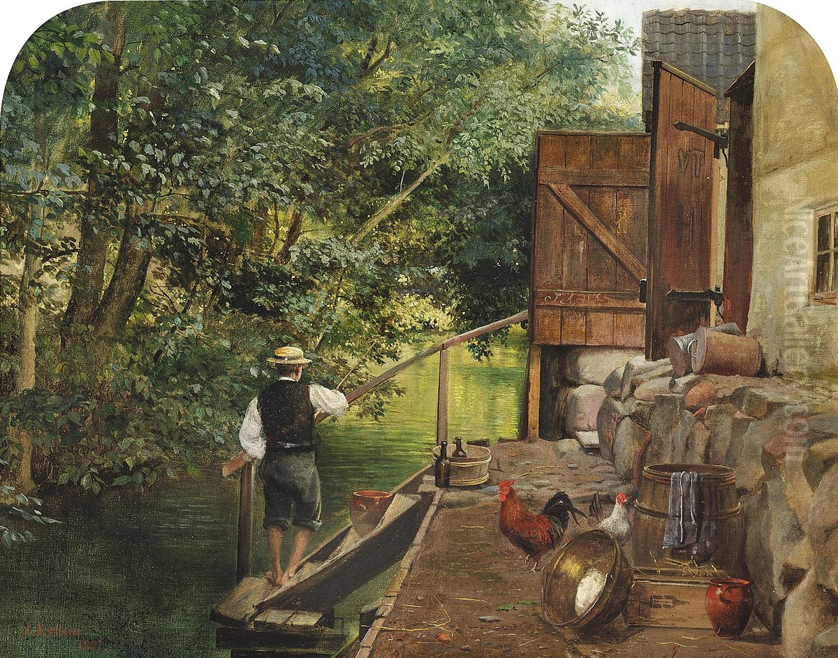 At the river. A view from Frederiksvaerk. Oil Painting by Isidor Kalckar