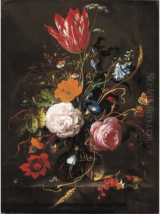 Roses, tulip, poppy, daisies, violets, morning glory, forget-me-nots, blackberries, ears of corn and other flowers with insects, in a glass vase Oil Painting by Jan Davidsz. De Heem