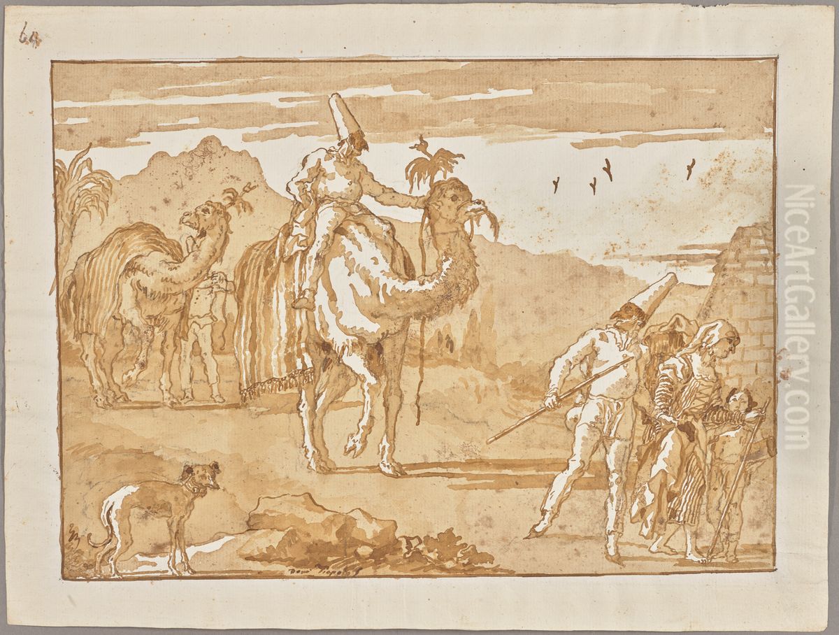 The Punchinello Riding a Camel at the Head of a Caravan Oil Painting by Giovanni Domenico Tiepolo