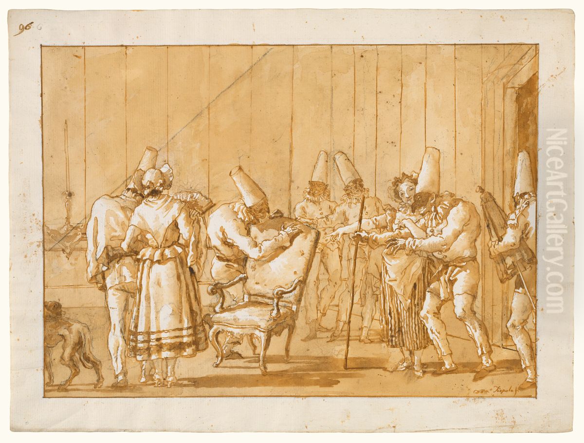 Punchinello is Helped to a Chair Oil Painting by Giovanni Domenico Tiepolo
