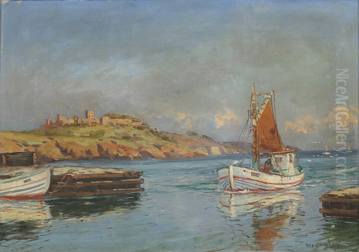 Coastal view with fishing boats and castle Hammershus. Oil Painting by Mogens Ege