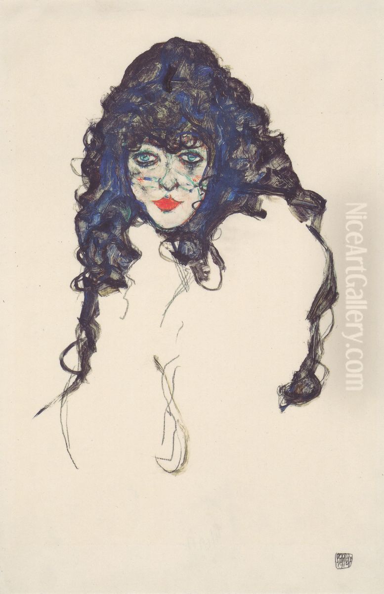 Frau mit schwarzem Haar Oil Painting by Egon Schiele