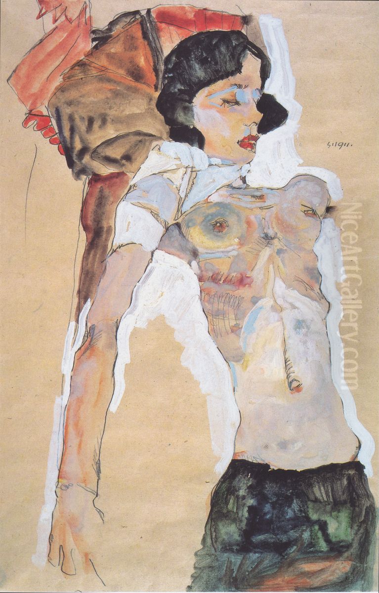 Liegendes, halbbekleidetes Madchen Oil Painting by Egon Schiele