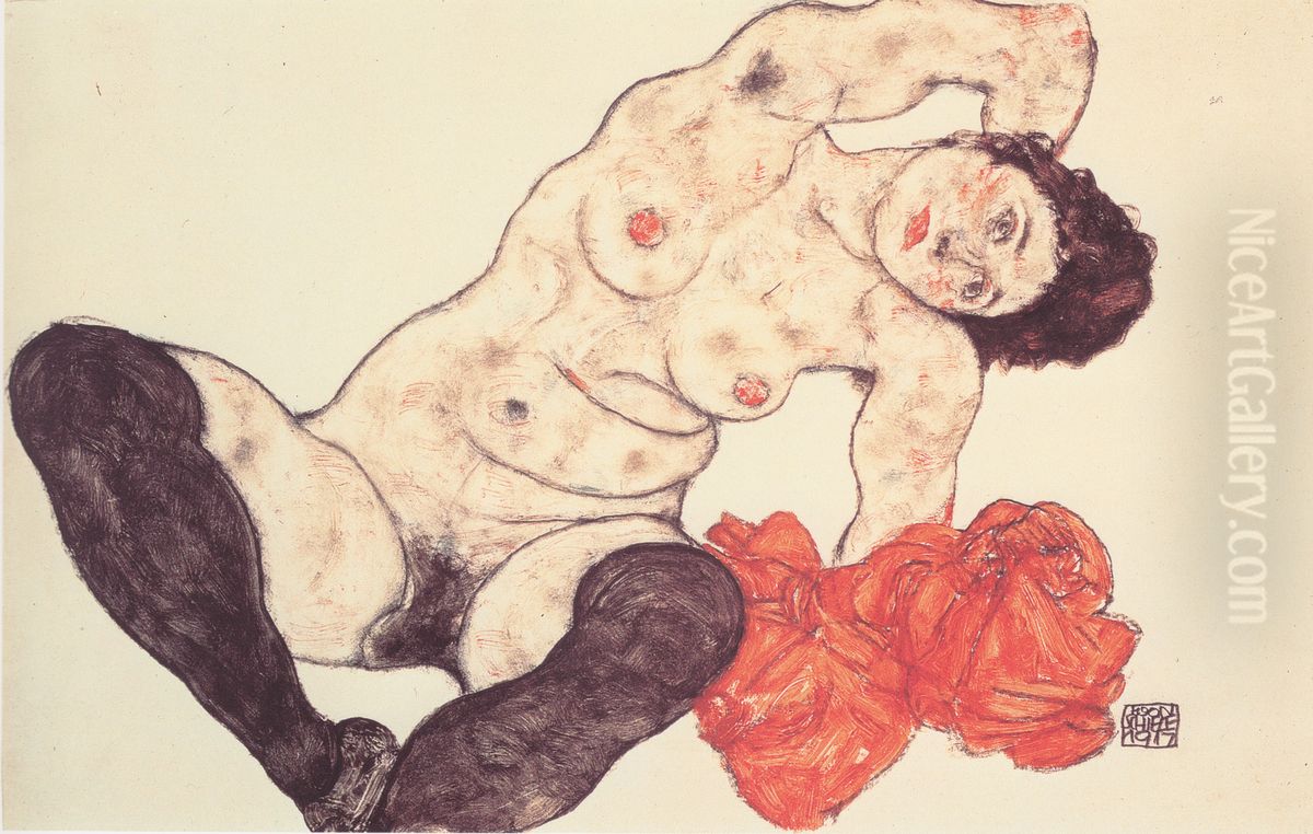 Weiblicher Akt mit gelbem Handtuch Oil Painting by Egon Schiele