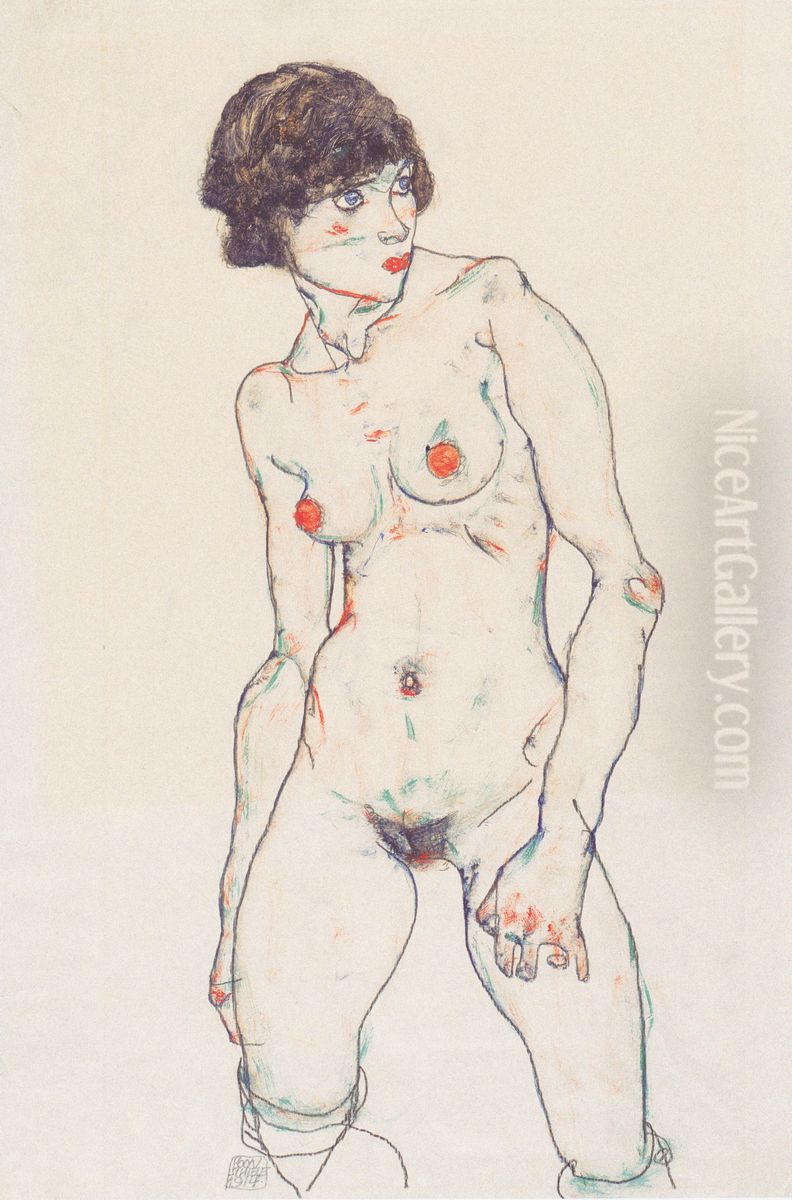 Stehender weiblicher Akt mit Strumpfen Oil Painting by Egon Schiele