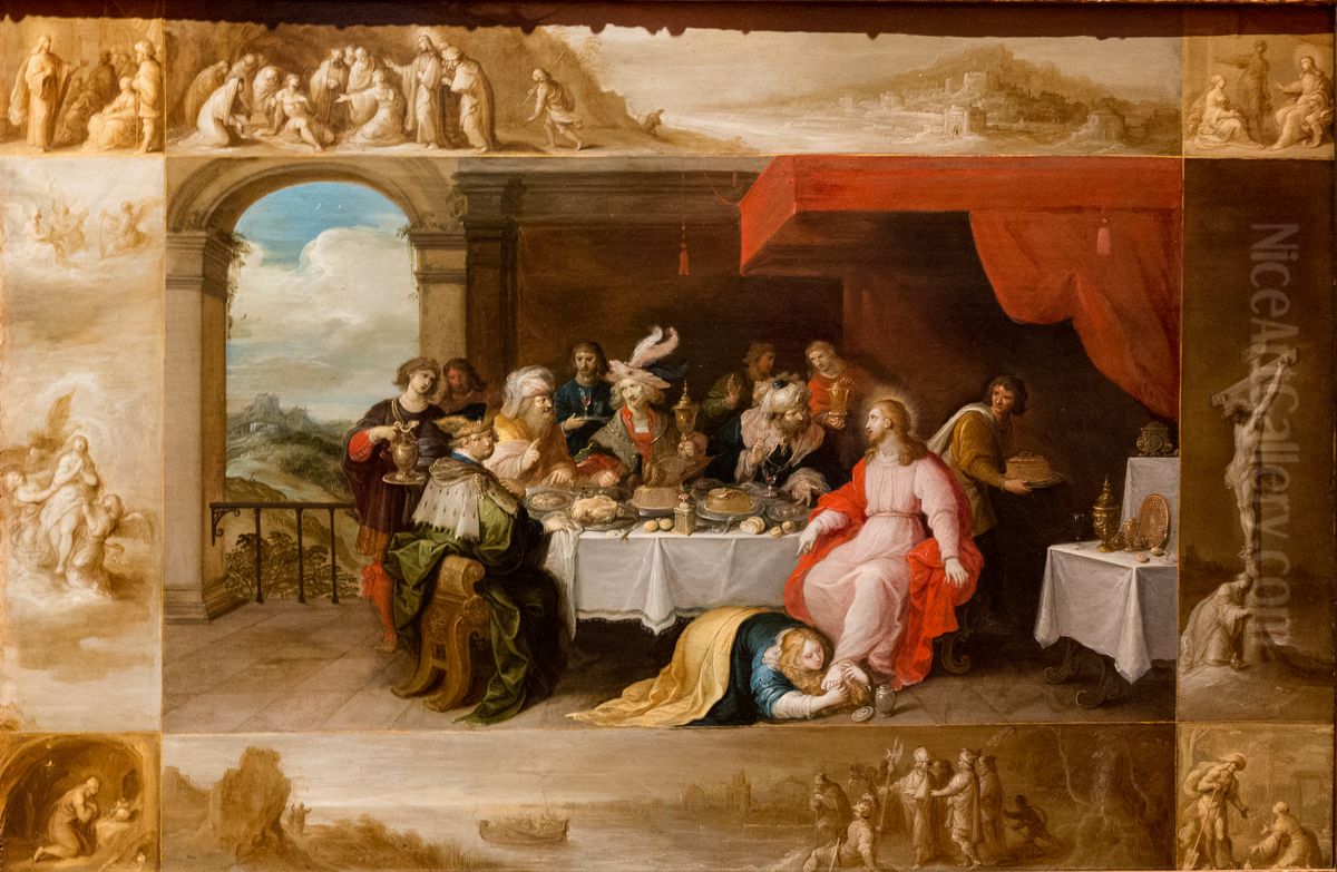 Mary Magdalene washes the feet of Christ in the house of Simon the Pharisee, surrounded by scenes from the life of the saint Oil Painting by Frans Francken the Younger