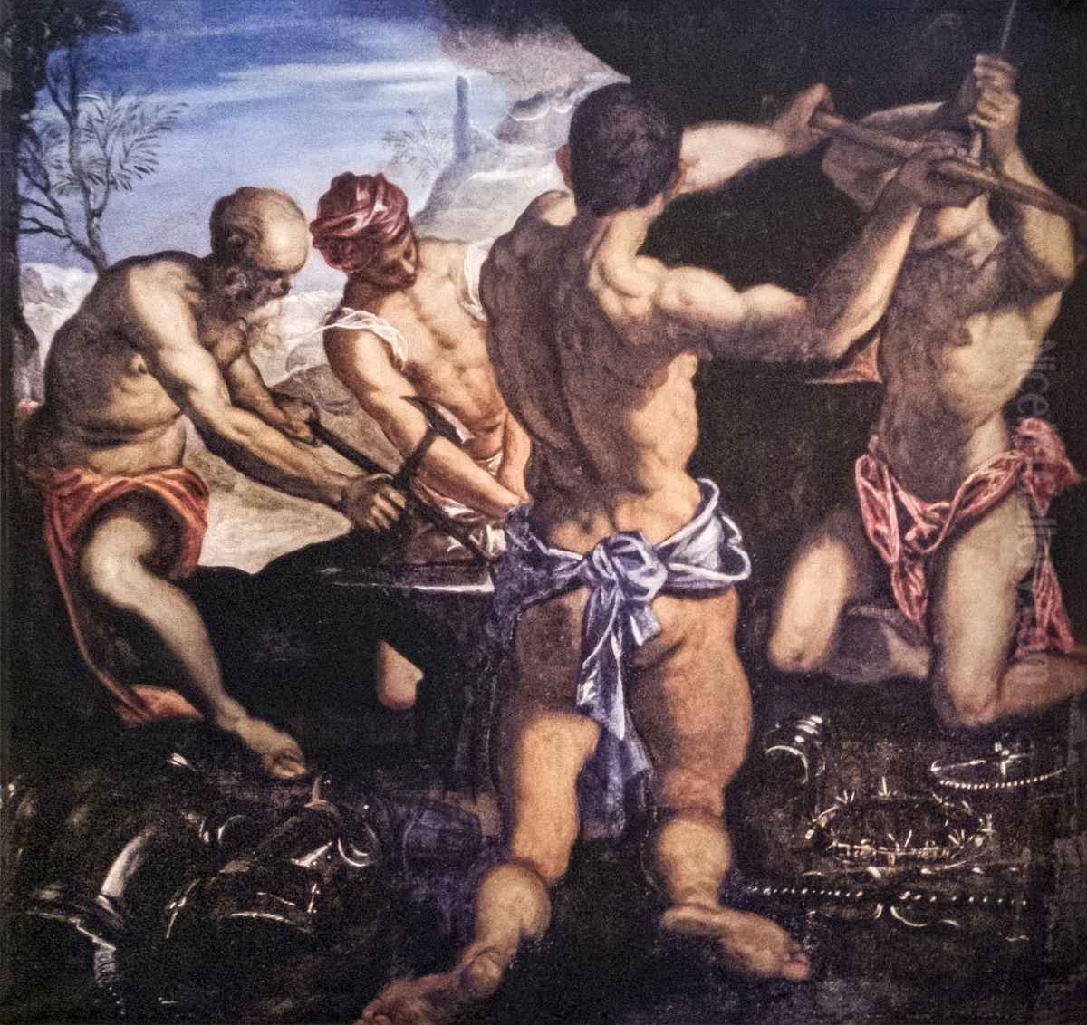 The forge of VulcanFrancais:La forge de VulcainItaliano:La fucina di Vulcano Oil Painting by Jacopo Tintoretto