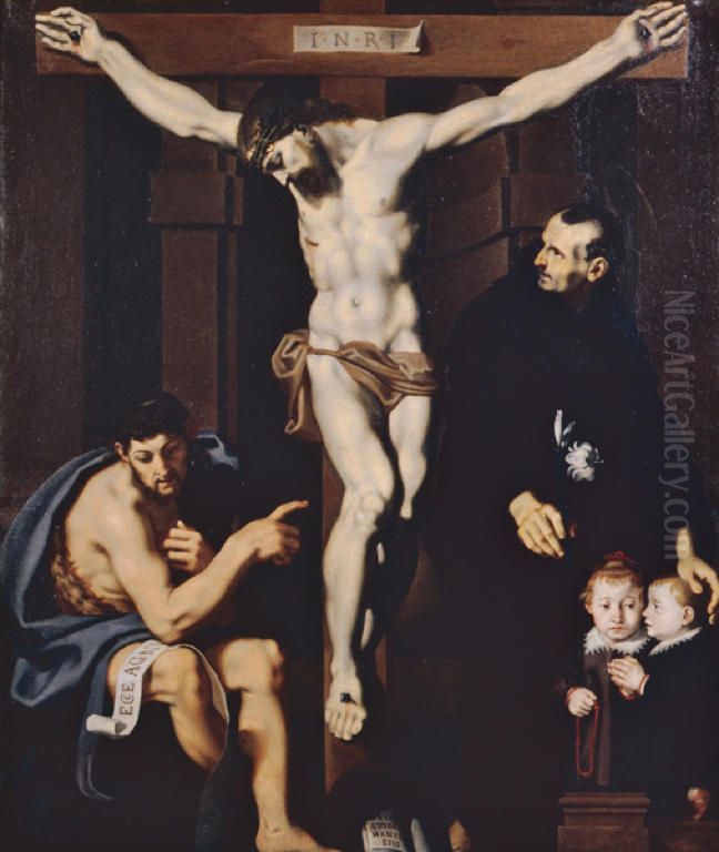 The Crucifix between St. John the Baptist and St. Nicholas of Tolentino Oil Painting by Andrea Lilio