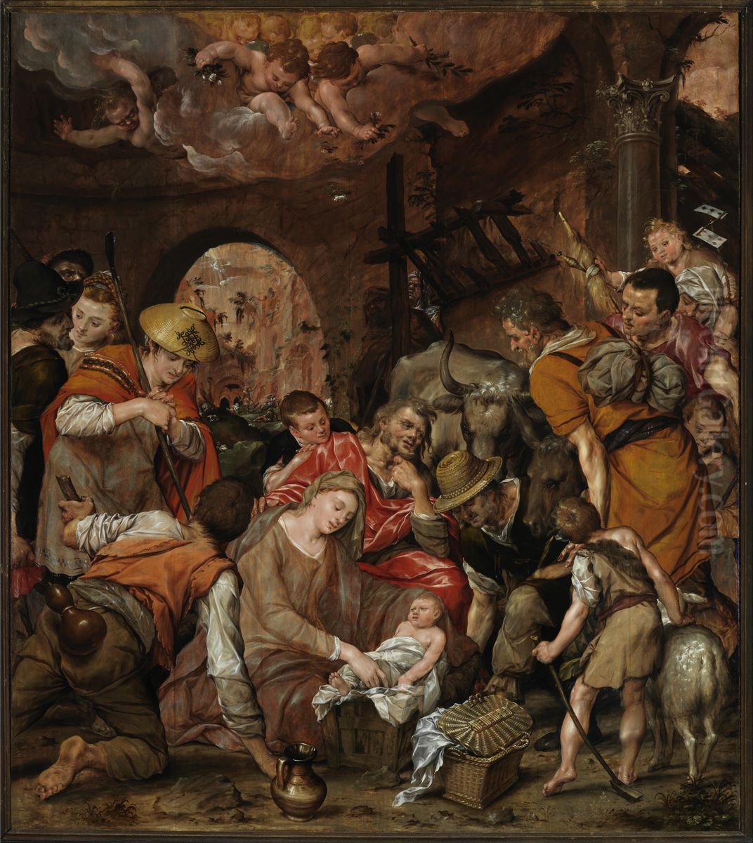 Mary on her death-bed (left), the adoration of the shepherds (middle), the assumption of Mary (right) and the annunciation (outside) Oil Painting by Dirck Barendsz.
