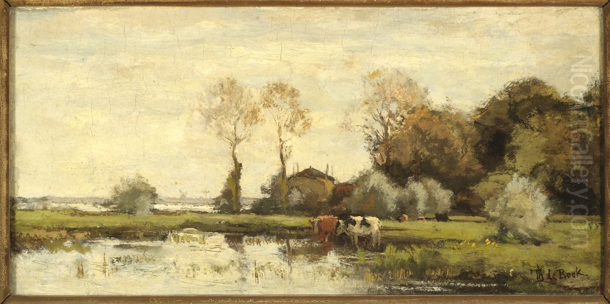Koeien aan een plas. Oil Painting by Theophile Emile Achille De Bock