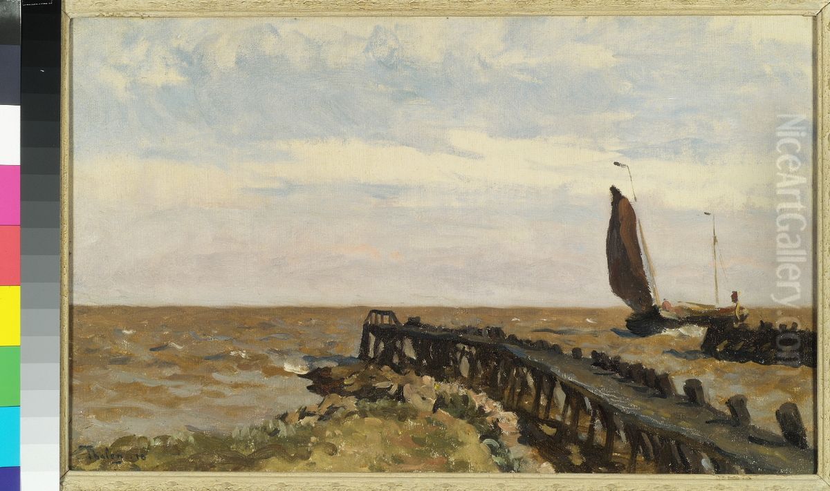 Broekerhaven (nabij Enkhuizen) (Havenhoofd met vissersboot). Oil Painting by Willem Bastiaan Tholen