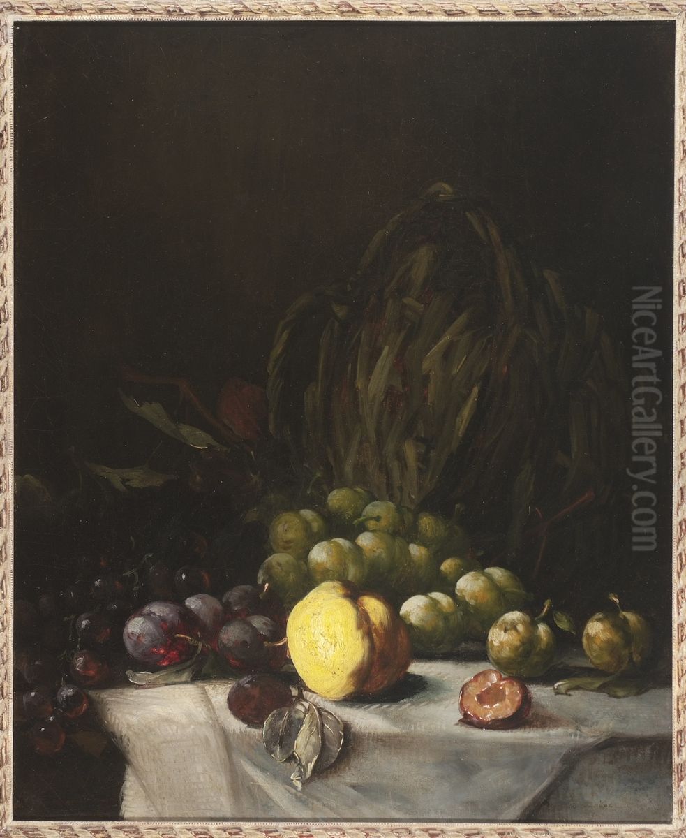 Stilleven met mand en pruimen. Oil Painting by Augustin Theodule Ribot