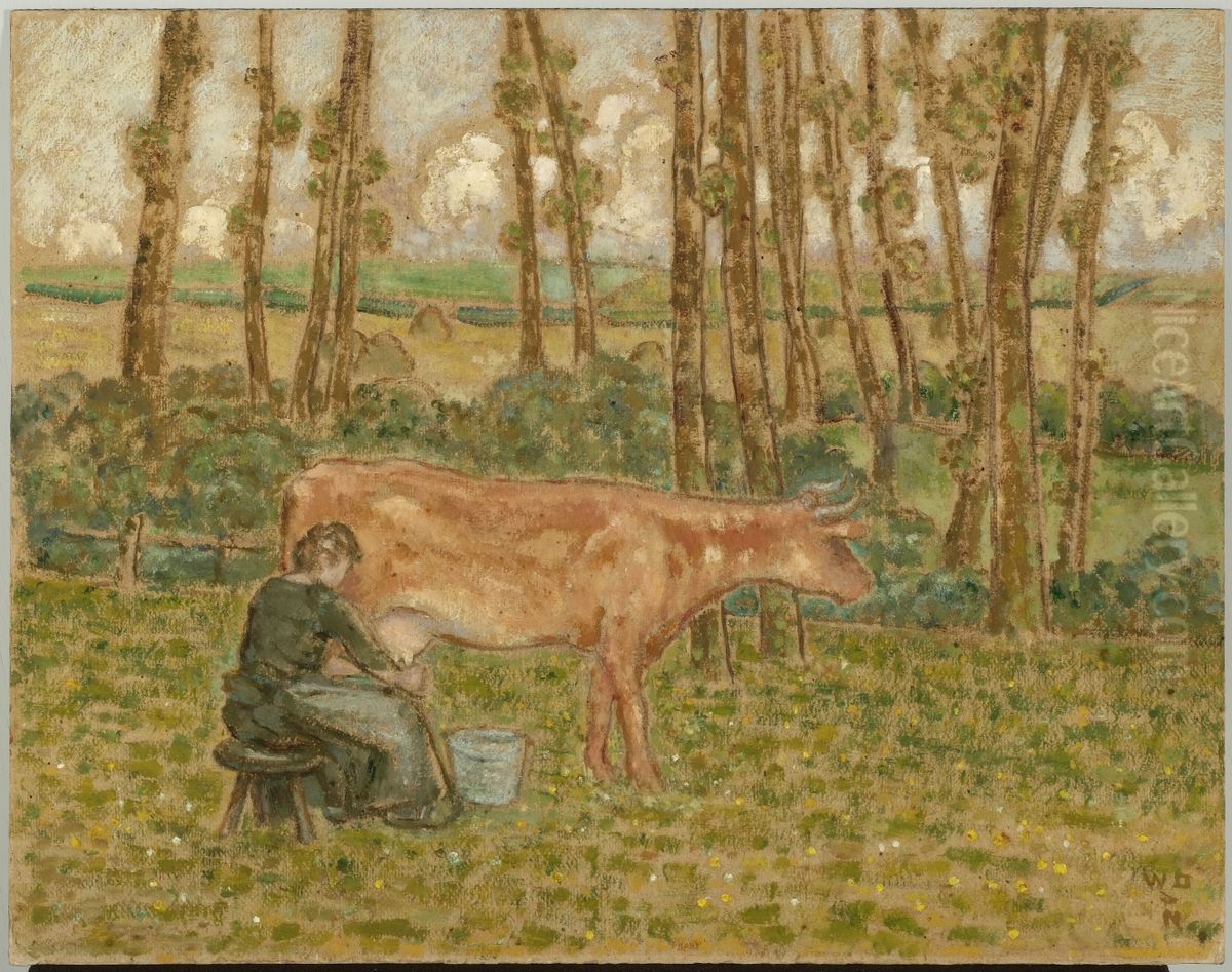 Landschap met koeienmelkster. Oil Painting by William Degouve de Nuncques