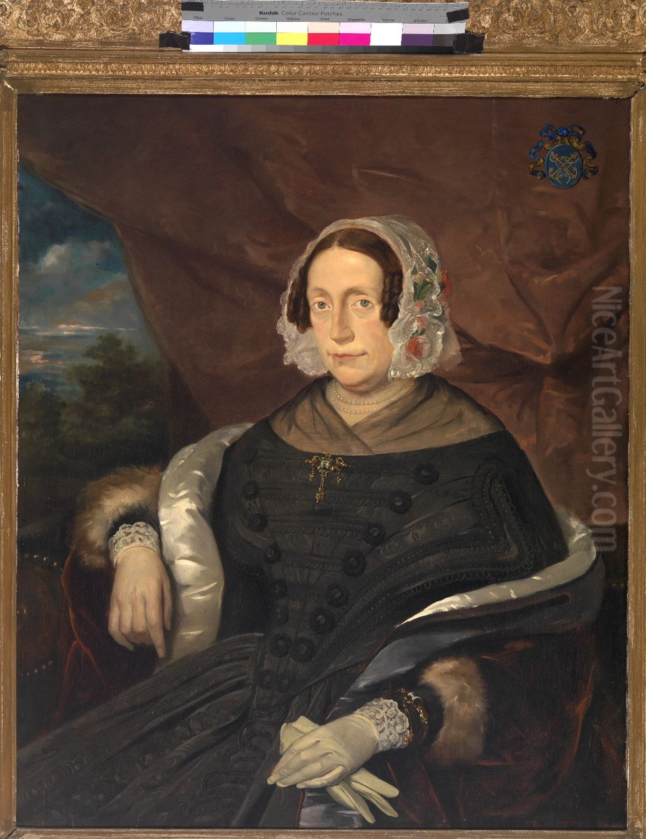 Portret van mevrouw A.M. IJzendoorn-Imans. Oil Painting by Petrus Theodorus Van Wijngaerdt