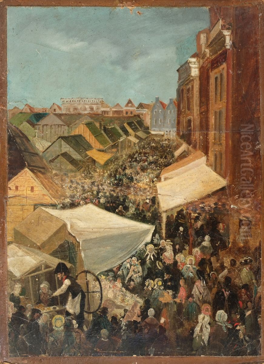 Goudse Kermis op Botermarkt in 1865. Oil Painting by Johannes Jacobus Bertelman