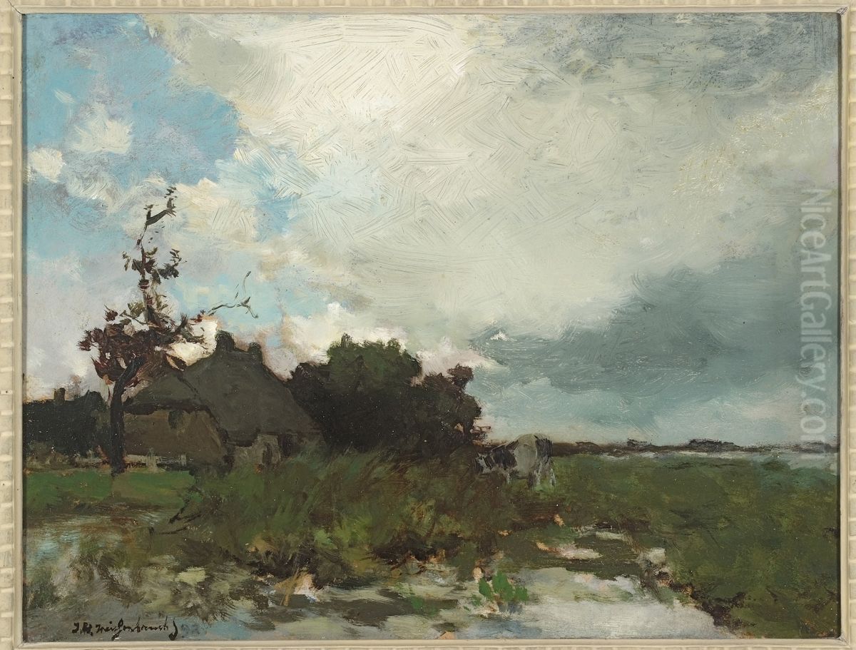 Boerderij in polderlandschap. Oil Painting by Johan Hendrik Weissenbruch
