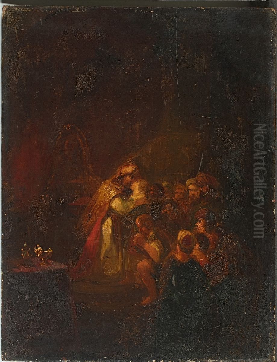 Jozef omhelst Benjamin (Terugkeer van de verloren zoon ?). Oil Painting by Johannes Jacobus Bertelman