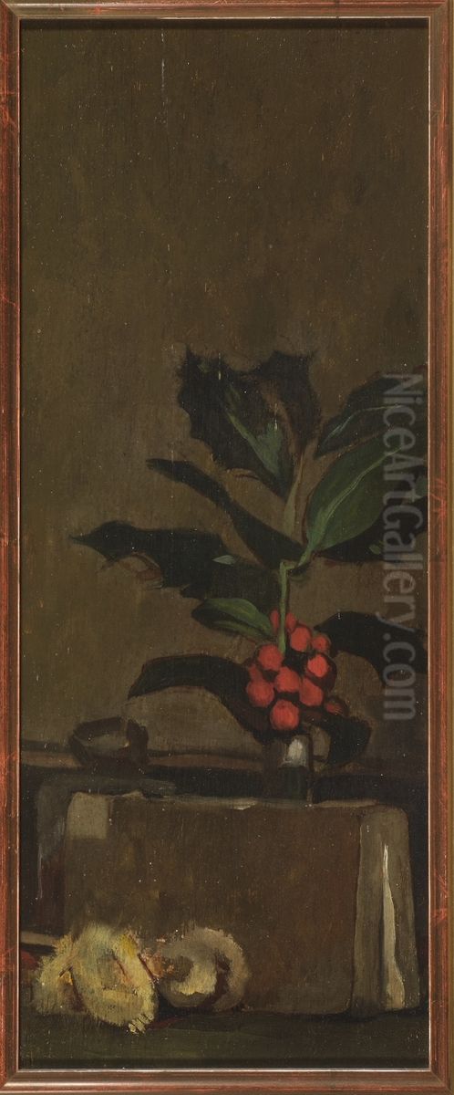 Still life with holly, book and dried flowers Oil Painting by Piet Meiners