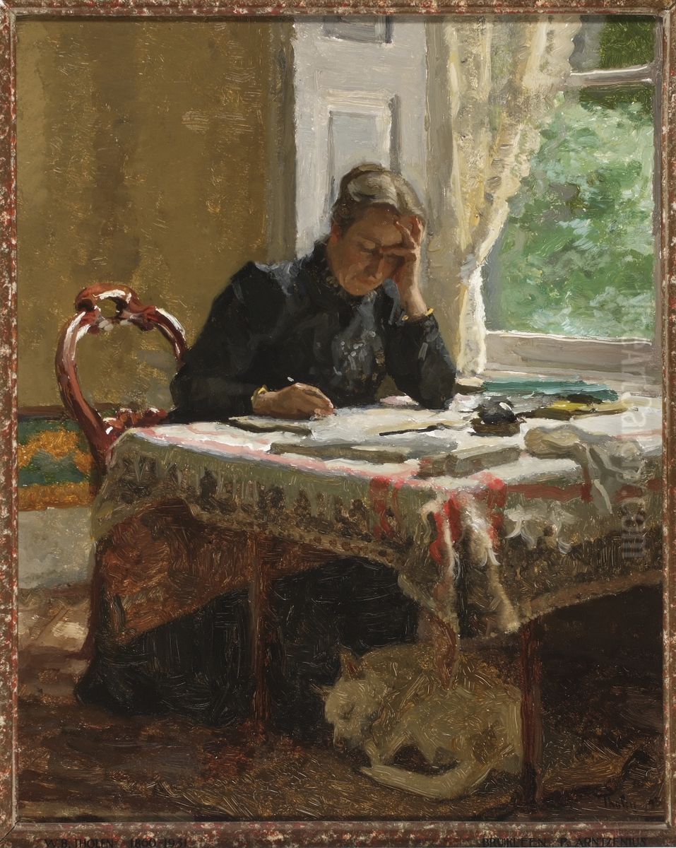 Schrijvende vrouw (Coba Tholen-Muller) in interieur (Ewijkshoeve). Oil Painting by Willem Bastiaan Tholen
