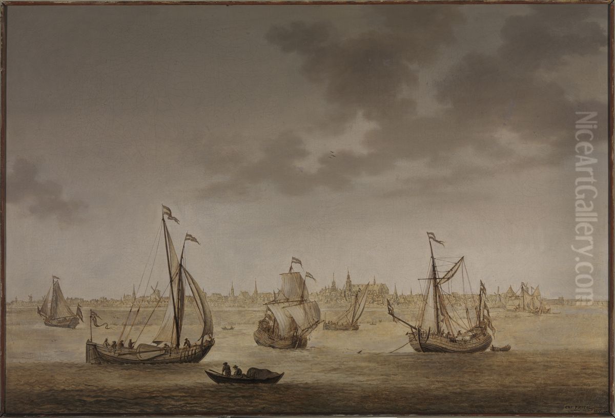 A three-masted sailing ship and other shipping before Gouda Oil Painting by Christoffel Pierson