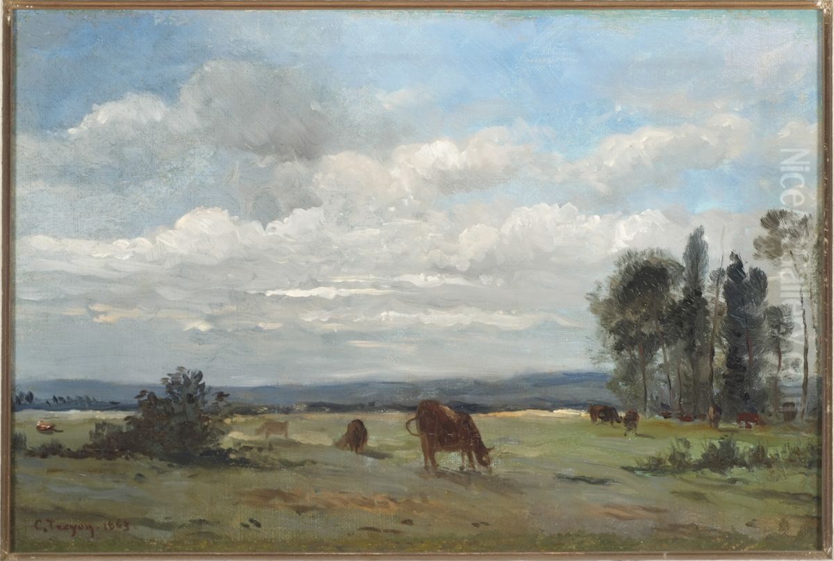 Landschap met grazende koeien. Oil Painting by Constant Troyon