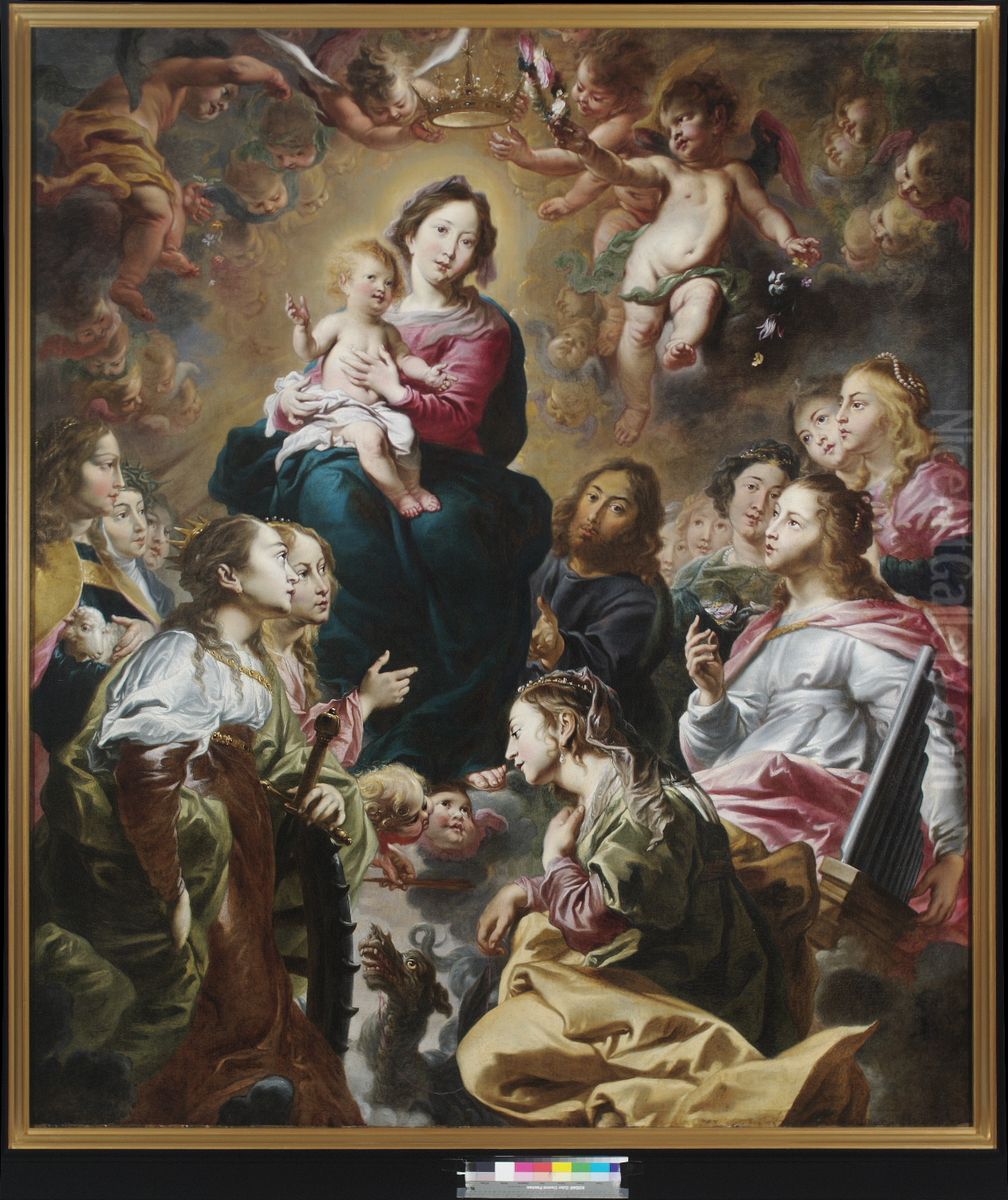 De verheerlijking van de Heilige Familie door vrouwelijke heiligen en engelen. Oil Painting by Cornelis Schut