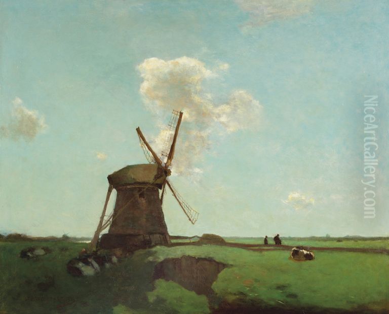 Landarbeiders nabij een molen in een Nederlands polderlandschap nabij Noorden. Oil Painting by Johan Hendrik Weissenbruch