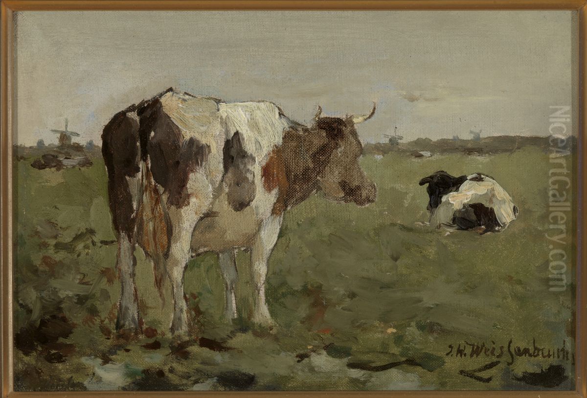 Koeien in een polderweide. Oil Painting by Johan Hendrik Weissenbruch