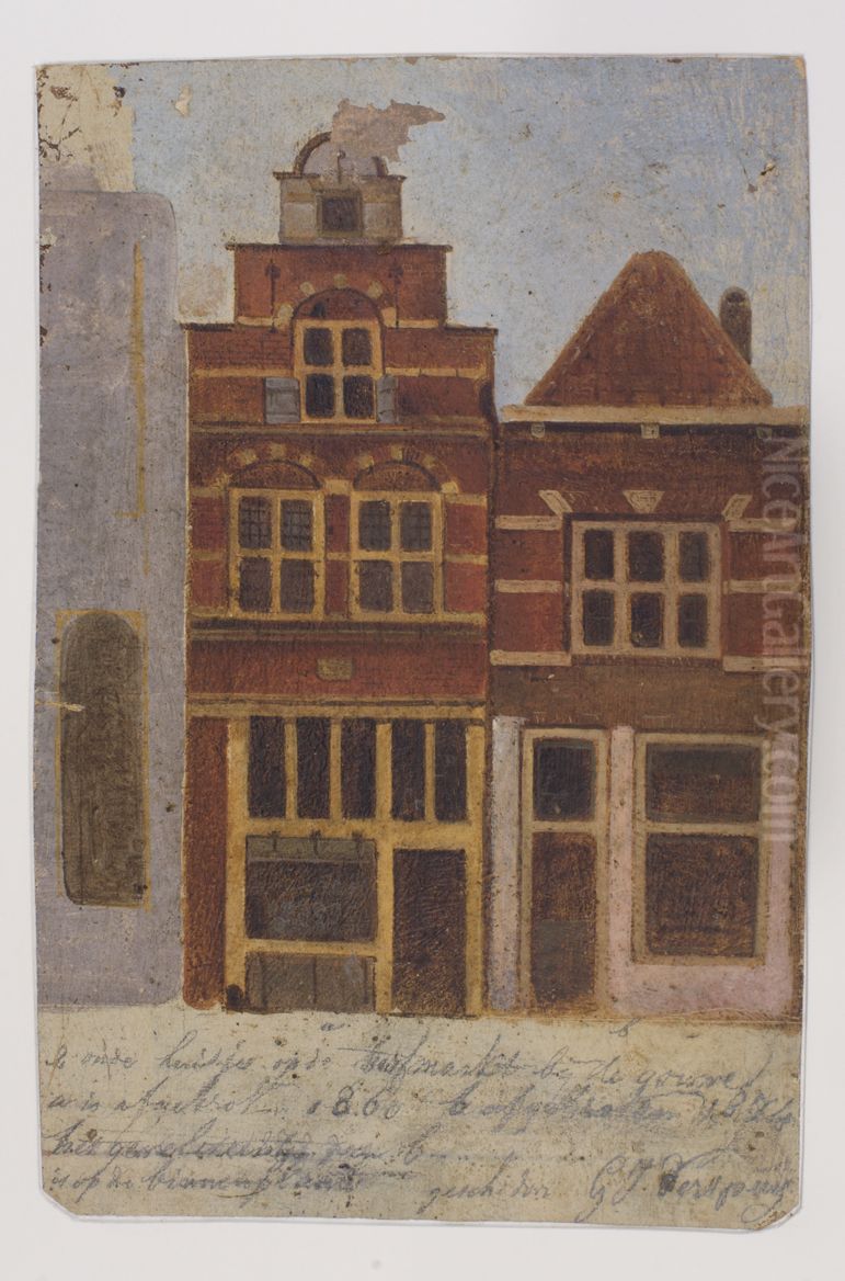 Twee oude huisjes bij de Turfmarkt bij de Gouwe. Oil Painting by Gijsbert Johannes Verspuy