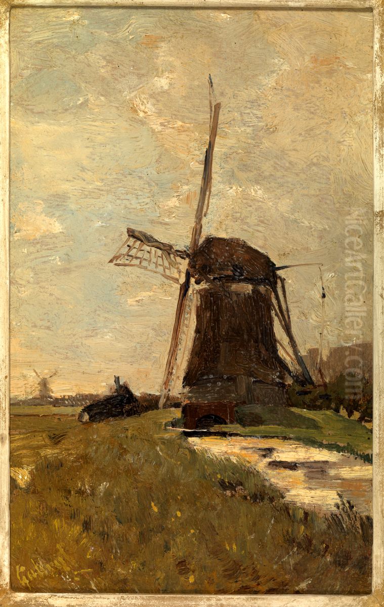 Polderlandschap met molens. Oil Painting by Paul Joseph Constantine Gabriel