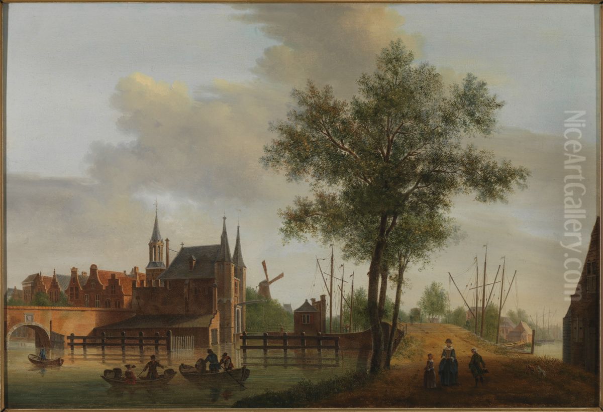 Gezicht op de Potterspoort te Gouda. Oil Painting by Paulus Van Liender