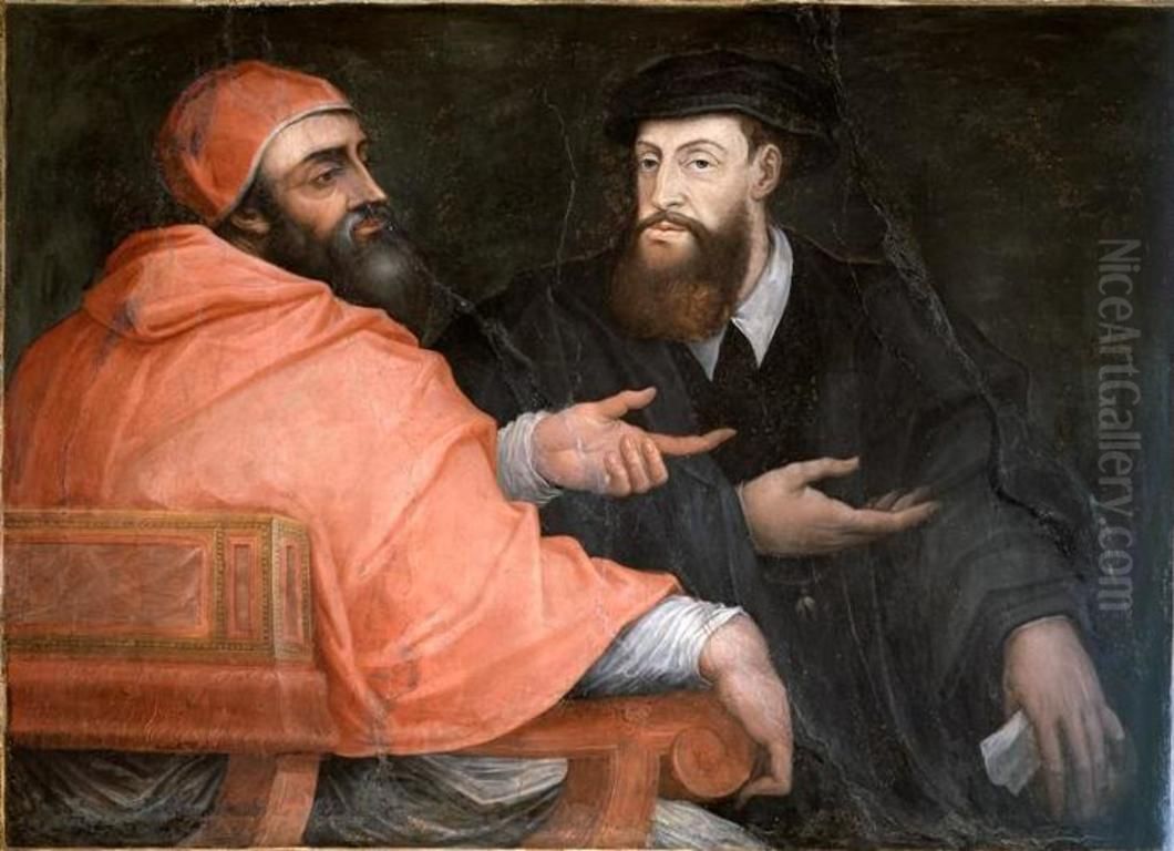 Conversation between Pope Clement VII and Emperor Charles V Oil Painting by Giorgio Vasari