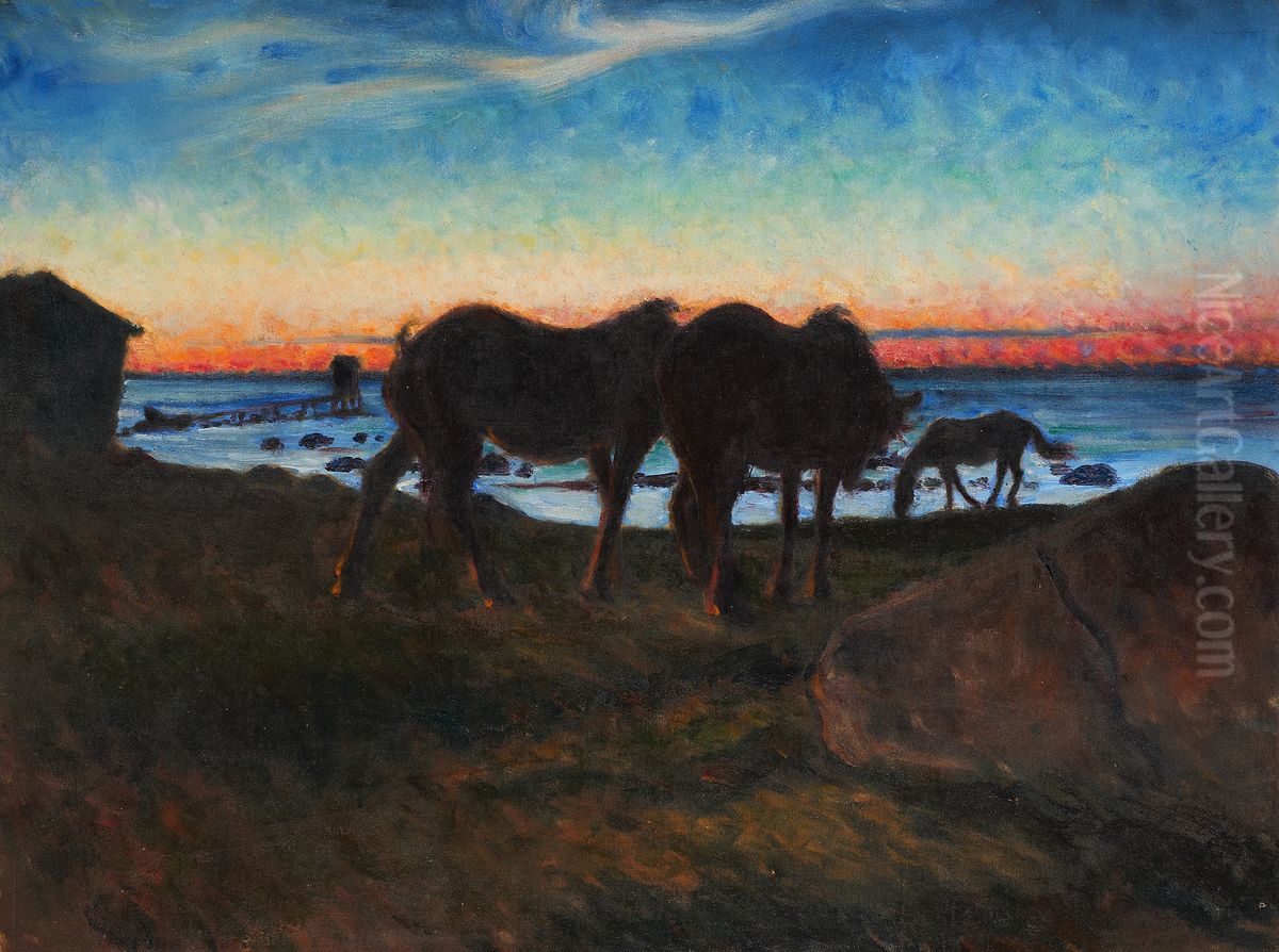 Horses at sunset Oil Painting by Nils Kreuger